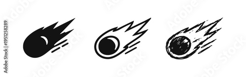 Meteor or Comet Icon Set - Falling Star Outline, Silhouette, and Sketch Styles for Space and Astronomy