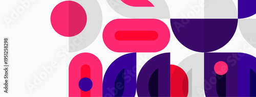 Abstract geometric shapes, pinks, purples, whites create modern composition. Minimalist design, playful forms, flat illustration style.
