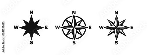 Classic Compass Rose Icon Set - Detailed Navigation Outline, Silhouette, and Sketch Styles for Travel