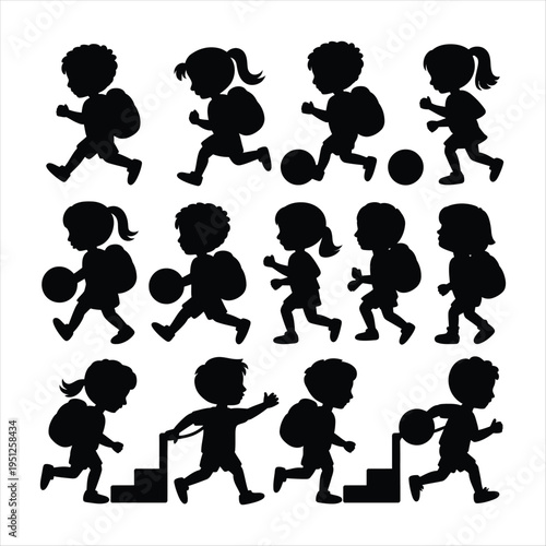 Silhouettes of children running up stairs with backpacks