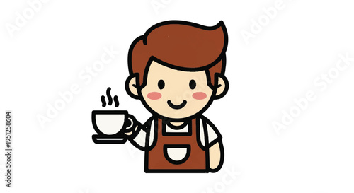 Cartoon barista holding coffee cup smiling isolated on white