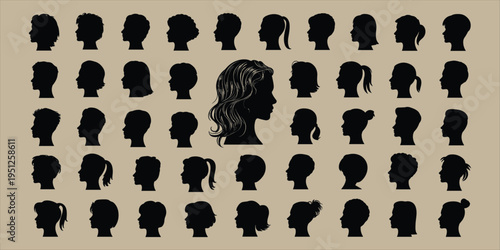 Extensive Collection of Diverse Human Head Silhouettes on Beige Background Keywords: silhouette, head, profile, human, person