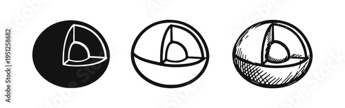 Planet Earth Core or Layered Sphere Icon Set, depicting internal geological structure in solid, outline, and hand-drawn styles.