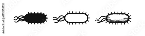 Bacterium or Microorganism Icon Set, illustrating a single-celled organism with flagella and fimbriae in different styles.