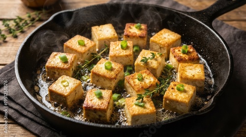 Fried Tofu Cubes in Cast Iron Skillet Tofu Fried Tofu Cast Iron Skillet Cooking Vegetarian Healthy Food Plant-Based. Concept featuring tofu, fried tofu, cast iron skillet, cooking, vegetarian for p...