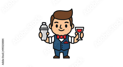 Cartoon bartender holding cocktail shaker and wine glass isolated