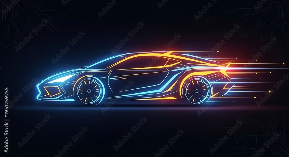 Naklejka premium Futuristic Neon Supercar Outline with High Speed Motion Trails