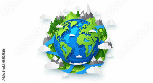 Earth globe with green land blue ocean white clouds and mountain ranges on a white background symbolizing nature and environment