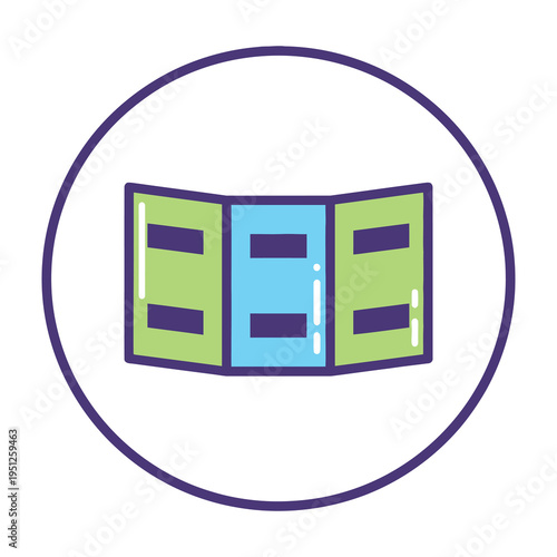 Colorful tri fold brochure design with green and blue panels enclosed in circle