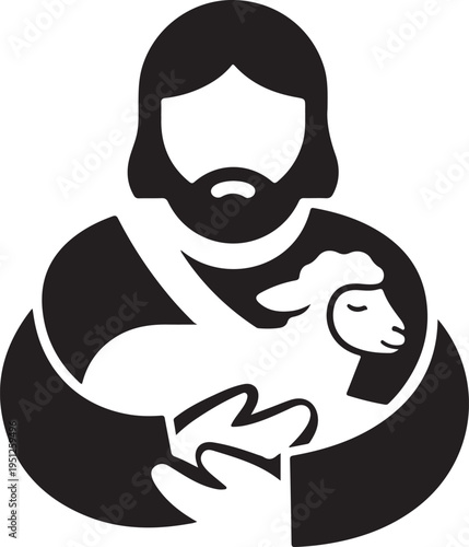 A bearded man lovingly cradles a lamb in a striking black silhouette