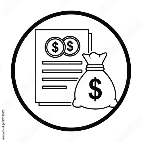 Money bag and coins on document symbolizing wealth and finance