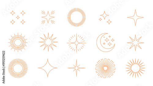 Celestial linear icon set with stars, moon, and sun, vector illustration of abstract decorative symbols for logo design, branding, and creative projects