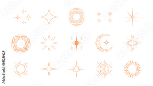 Linear icons and symbols including stars, moon, and sun, abstract design elements for decoration, branding, logo design, and creative projects