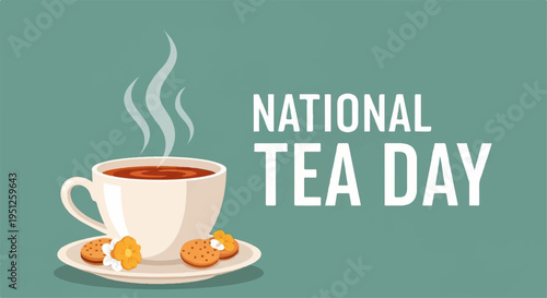 National tea day celebration with steaming cup of tea and sweet biscuits on a saucer