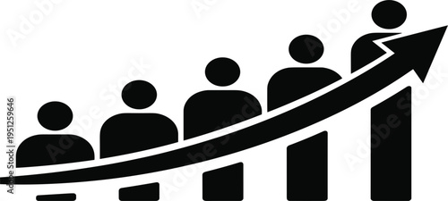 Silhouette figures in increasing height with upward trending arrow graph on white background growth success