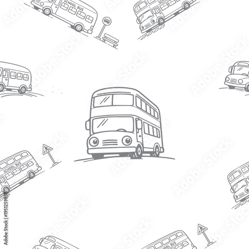 A seamless pattern of double decker buses city routes and stops in friendly hand drawn icons perfect for travel themed kids goods