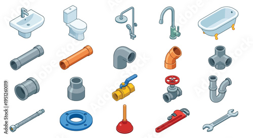 Isometric collection of bathroom fixtures plumbing pipes and tools