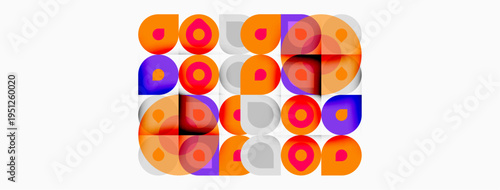 Colorful circles overlap, creating geometric pattern. Bright hues contrast against white background. Modern design evokes retro aesthetic.