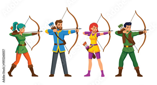 Four archers prepare to shoot with bows and arrows in a line