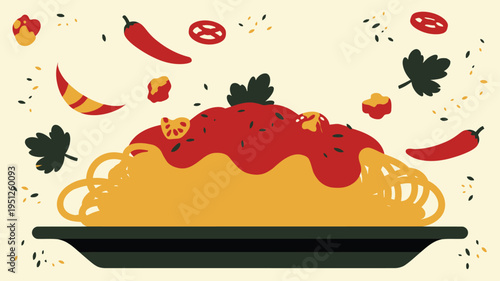 Delicious spaghetti pasta with red sauce, garnished with ingredients