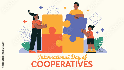 Diverse people assembling a large puzzle for International Day of Cooperatives