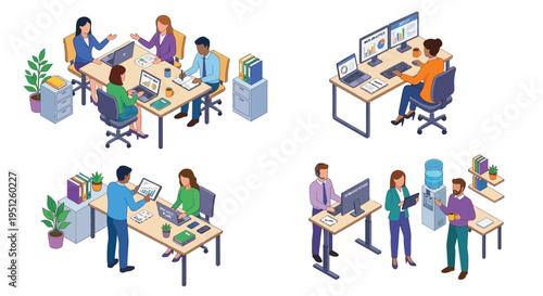 Isometric illustration of diverse professionals collaborating in a modern office setting