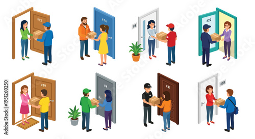 Isometric illustration of delivery people handing packages to residents at doorways