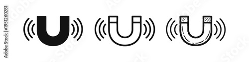 Magnet with Magnetic Field Waves Icons Set. Horseshoe Magnet Attraction Symbol Collection. Force Field Magnet Vector Illustration.