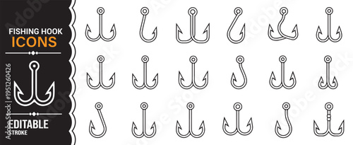 Fishing hook and angling line icons set with editable stroke for outdoor sport design