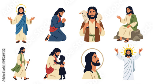 Illustrations of jesus christ in various poses and settings
