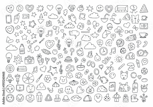 Whimsical hand-drawn doodle icons a diverse artistic collection of everyday objects, symbols, and abstract concepts, ideal for creative design projects