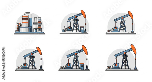 Oil Industry Icons - Pumpjacks and Refinery Illustrations.