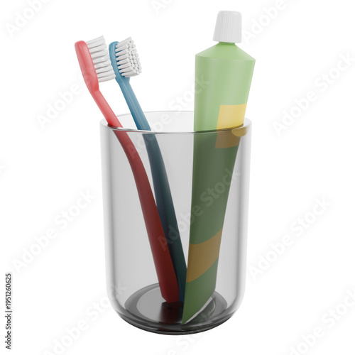 PNG. Trasparente. Bicchiere con spazzolini da denti e pasta dentifricio su sfondo trasparente