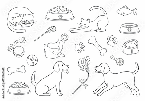 Line art collection of adorable domestic pets, featuring happy cats and dogs with essential accessories like food bowls, bones, and toys, in a monochrome style