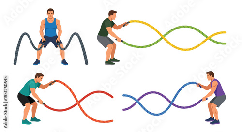 Four men performing battle rope exercises in a fitness setting