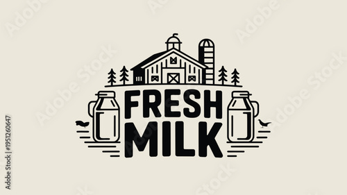 Fresh milk farm logo with barn structure trees and traditional jugs