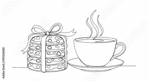 Steaming cup of coffee with saucer and wrapped gift perfect for morning relaxation and gifting