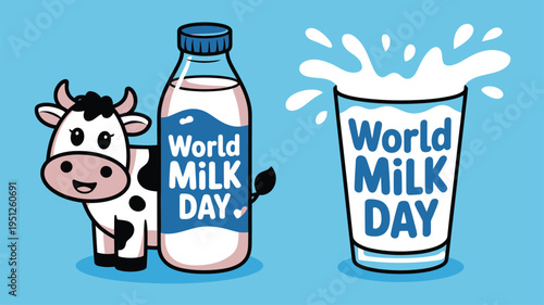 Friendly cow standing next to milk bottle and splashing glass for World Milk Day