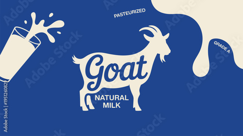 Goat milk branding logo with splashing milk glass and quality labels