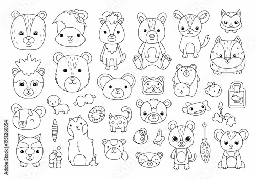 A charming collection of adorable cartoon animal line art outlines, perfect for coloring books, children's designs, or cute graphic projects