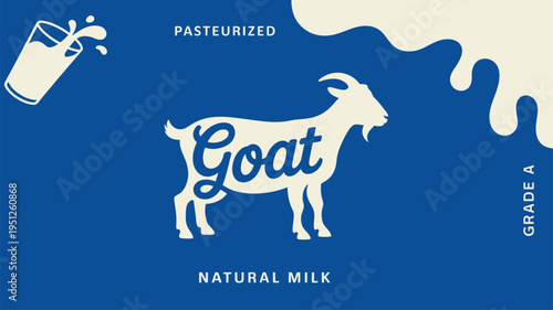 Goat milk branding logo with splashing milk glass and quality labels