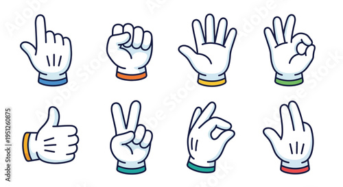 Eight cartoon hands displaying different hand gestures and signs