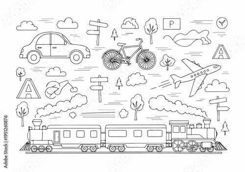 Line art collection of transportation cars, trains, planes, bicycles, road signs, and natural elements. Perfect for travel and movement themed designs