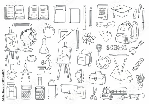 Detailed hand-drawn set of school and art supplies, including educational tools, classroom materials, and creative items for learning, study, and artistic endeavors