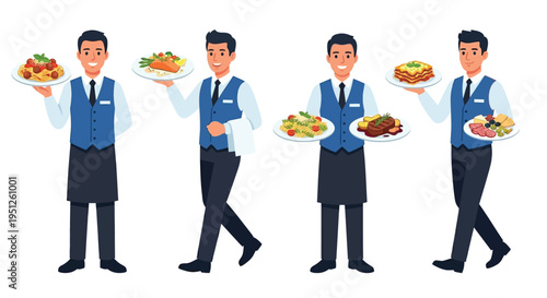 Four waiters presenting diverse dishes on white plates vector illustration