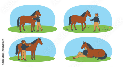 A girl interacting with a brown horse in various affectionate scenes