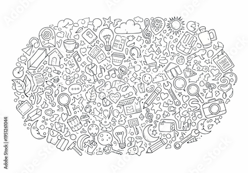Intricate Doodle Cloud of Diverse Concepts and Everyday Objects, Symbolizing a Wealth of Ideas and Creative Thinking within a Complex Visual Landscape