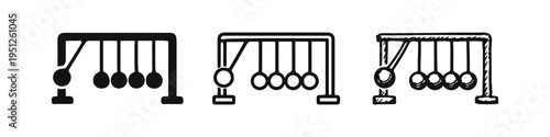 Newton's Cradle in motion icon set with solid, outline, and hand-drawn styles. Physics and kinetic energy concept.