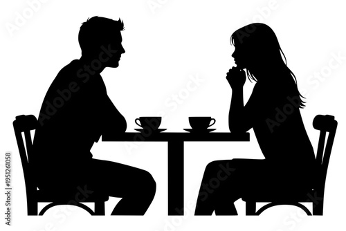 First Date Coffee Shop Meeting Man and Woman Shy Connection Relationship Building Black Vector Silhouette