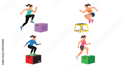 Woman performing box jumps a fitness illustration with multiple views